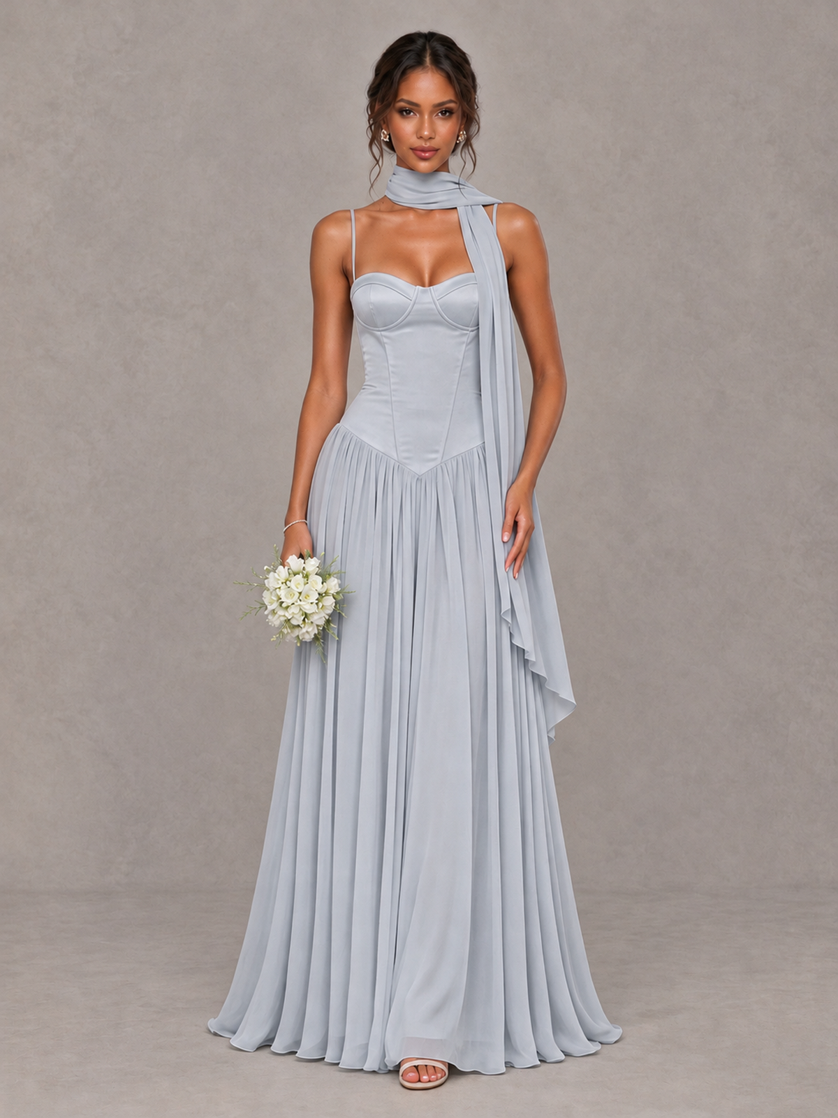 BOLODOO Silver Corset Bridesmaid Dress with Scarf - Silver - Silver (1)