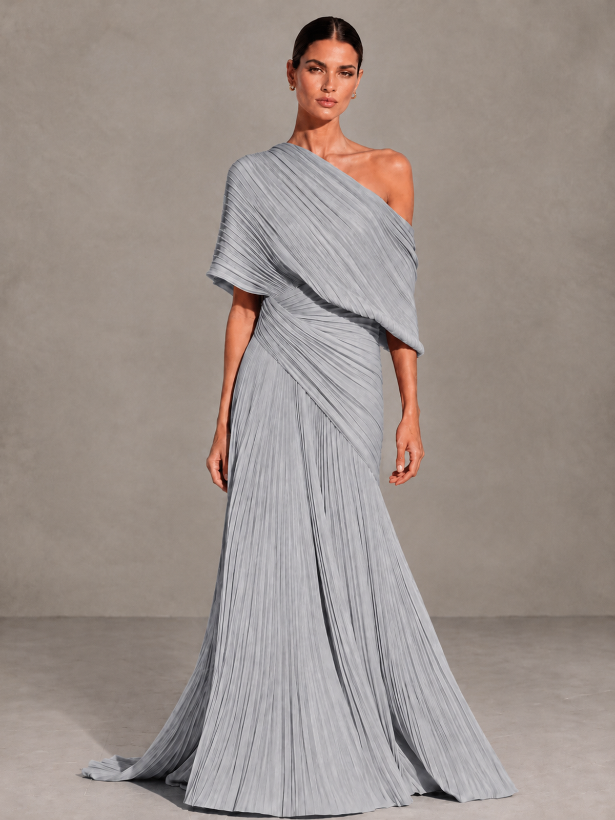 BOLODOO Silver One-Shoulder Pleated Cape Evening Gown with Train - Silver - Silver (1)