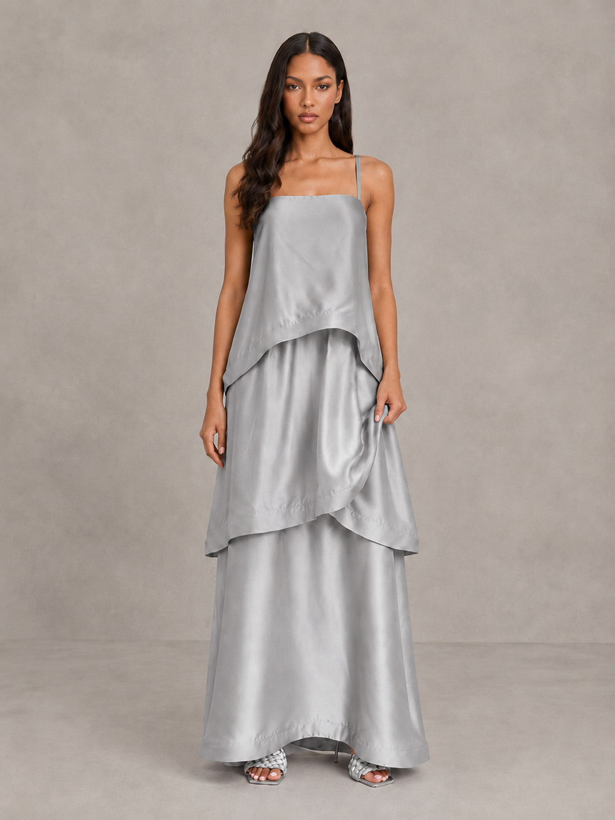 BOLODOO Silver Satin Tiered Maxi Dress with Spaghetti Straps - Silver