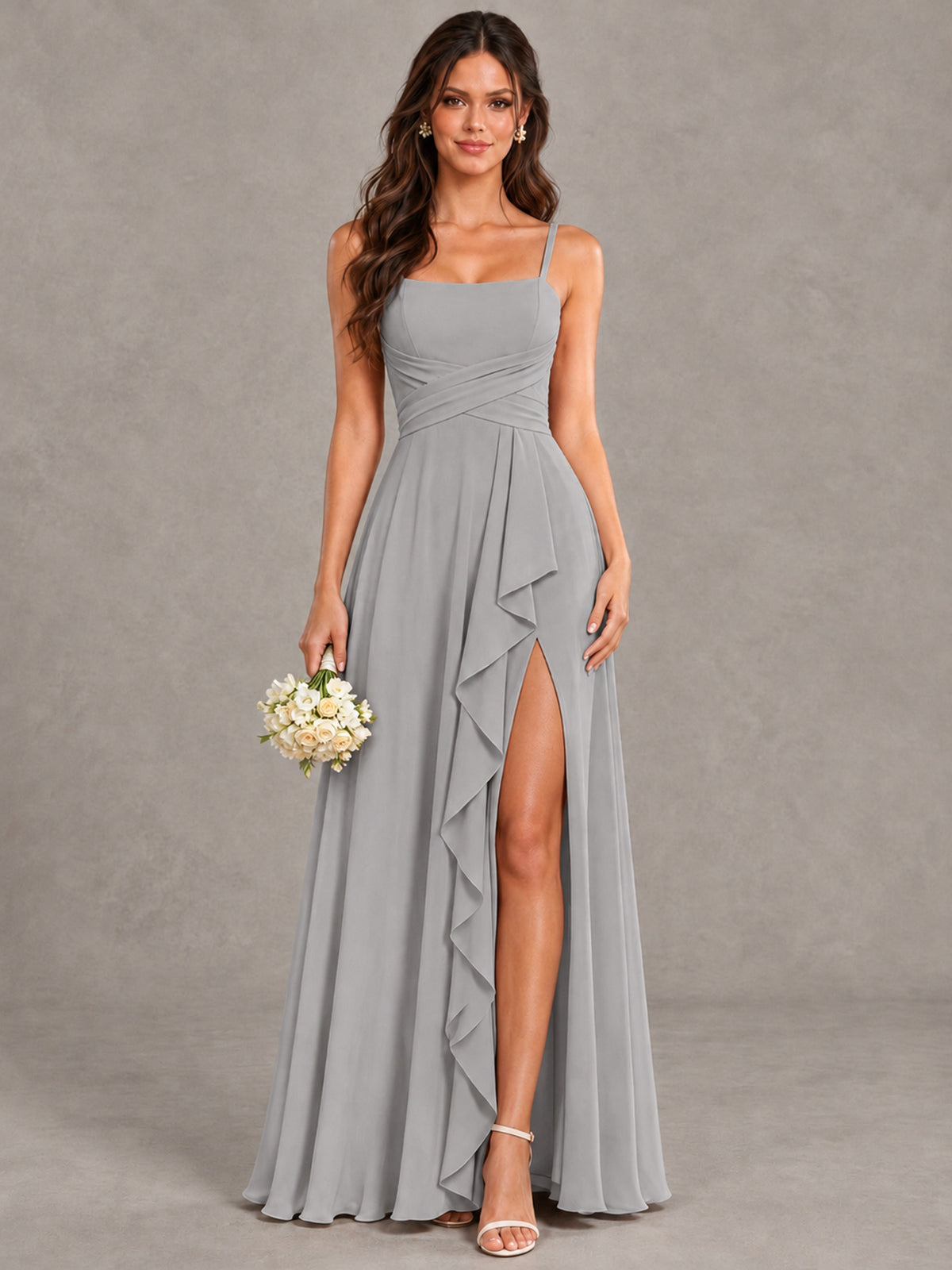 BOLODOO Silver Spaghetti Strap Ruffle Bridesmaid Dress with Slit - Silver - Silver (1)