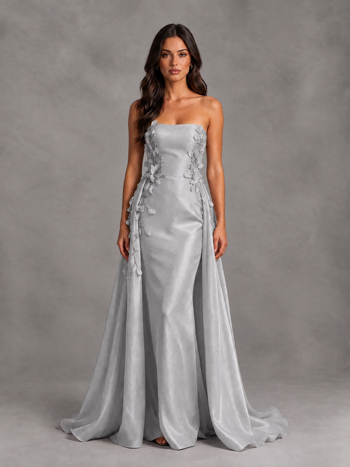 BOLODOO Silver Strapless Floral Applique Prom Dress with Overskirt - Silver - Silver (1)