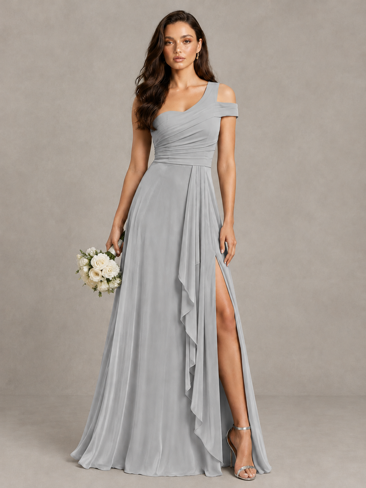 BOLODOO Silver One-Shoulder Bridesmaid Dress with Side Slit - Silver - Silver (1)