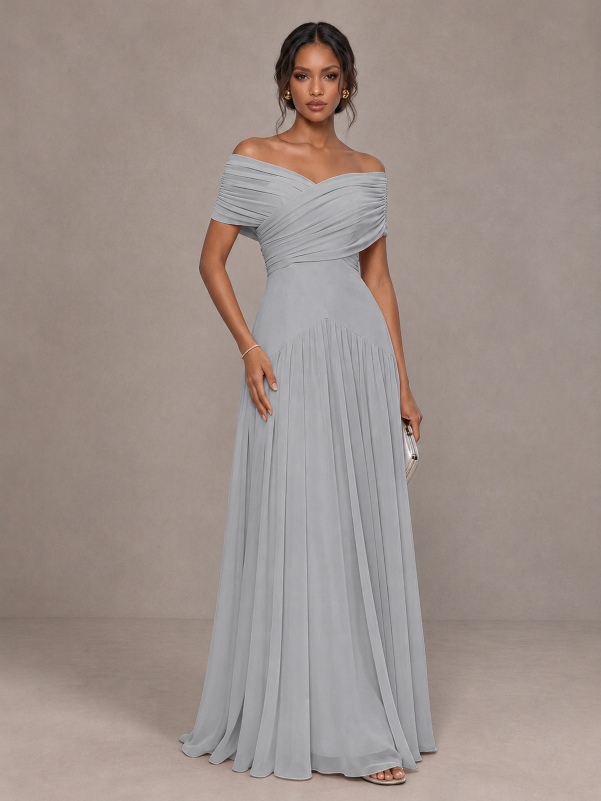 BOLODOO Silver Off-Shoulder Ruched A-Line Bridesmaid Dress - Silver - Silver (1)
