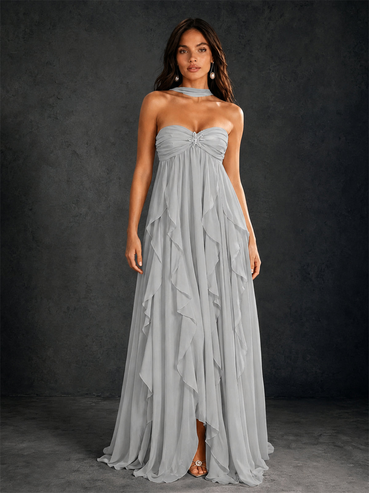 BOLODOO Silver Halter Neck Cascading Ruffle Chiffon Maxi Dress | Keyhole Open Back - Silver