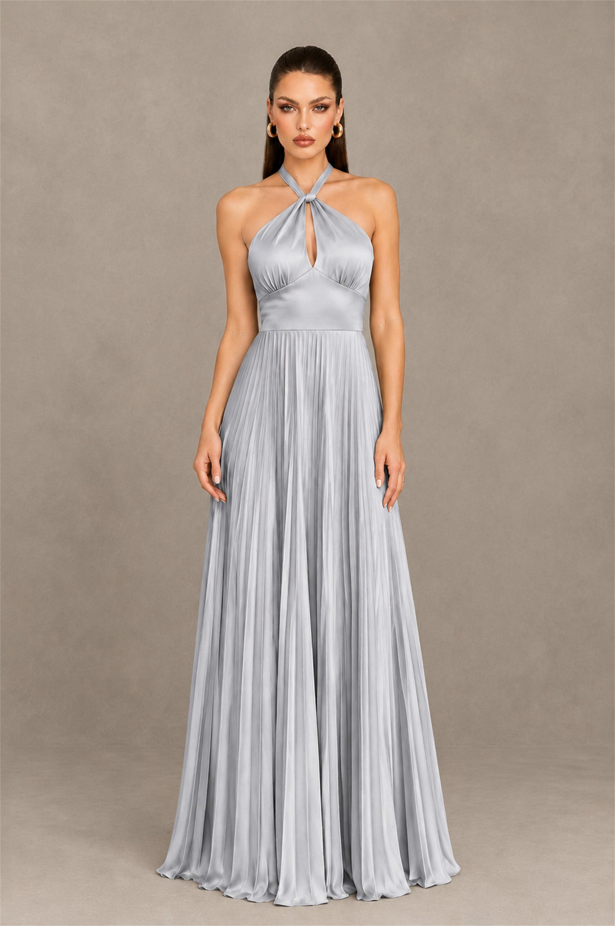 BOLODOO Silver Halter Pleated A-Line Evening Dress - Silver - Silver (1)
