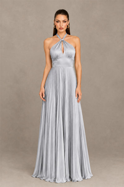 BOLODOO Silver Halter Pleated A-Line Evening Dress - Silver - Silver (1)