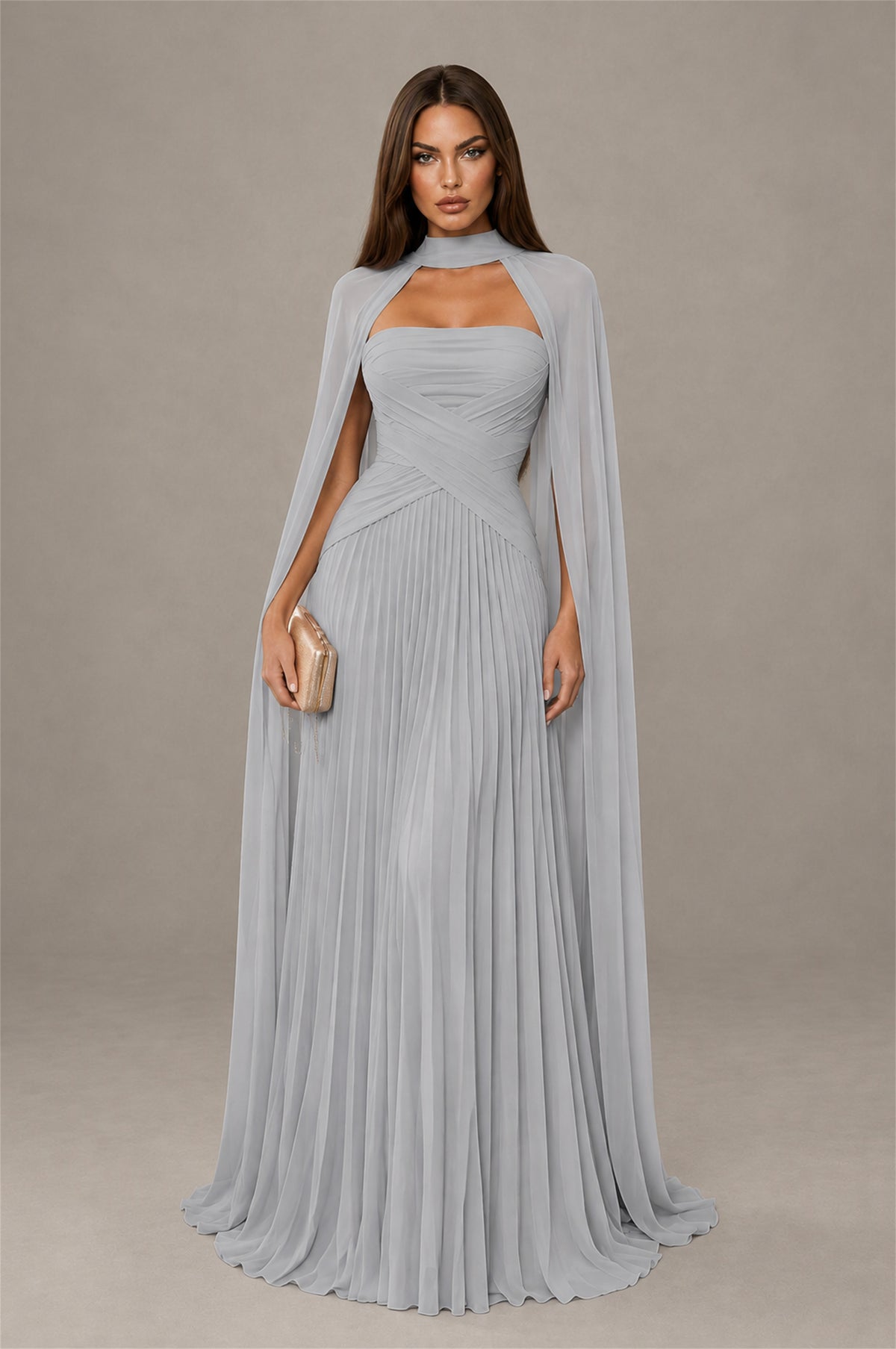 BOLODOO Silver Strapless Crossover Ruched Bodice Detached Turtleneck Cape Lace-Up Back Pleated Chiffon Maxi Dress - Silver