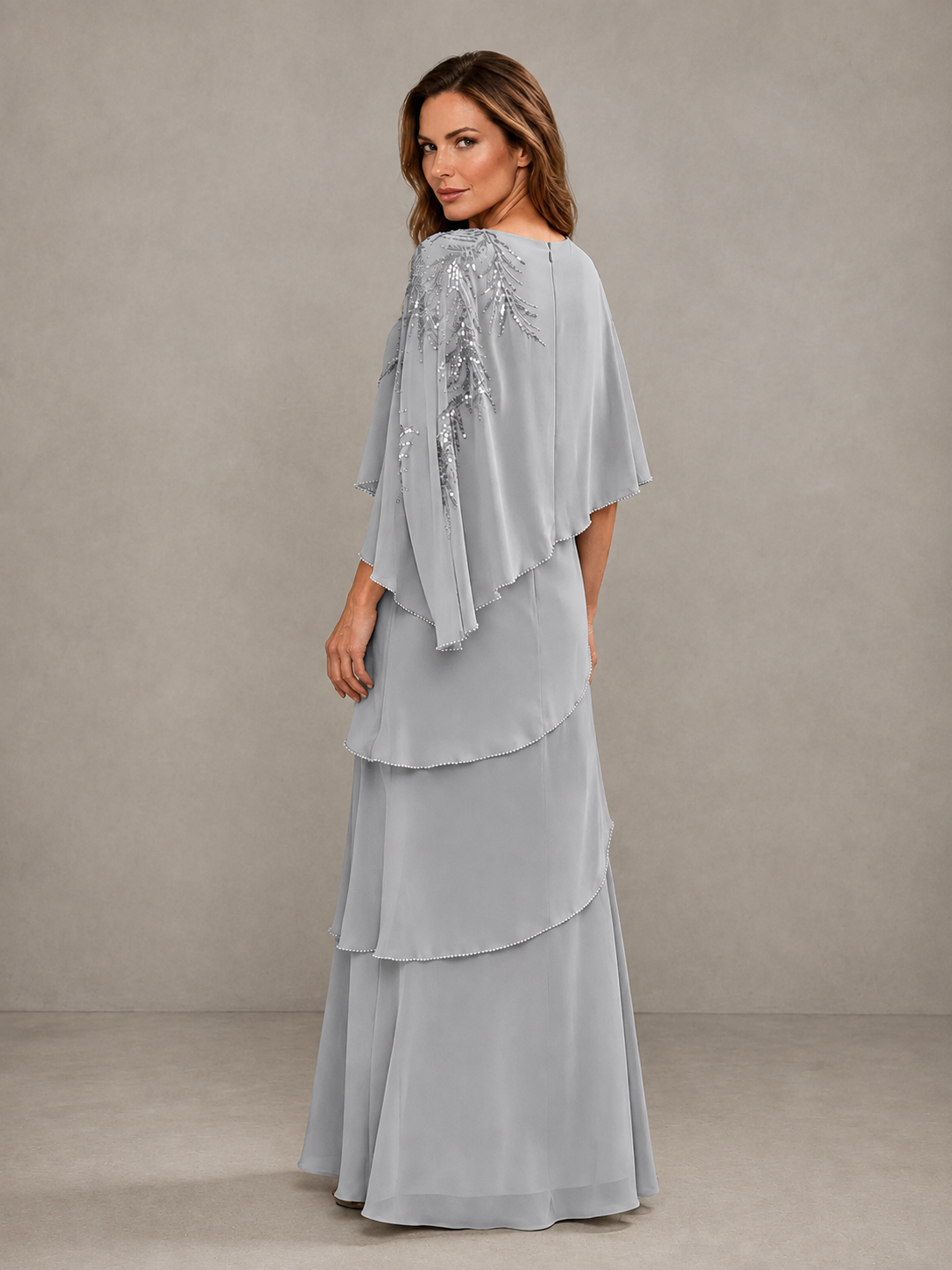 BOLODOO Silver Mocha Asymmetric Cape Sleeve Silver Sequin Embroidered Pearl Trim Tiered Chiffon Gown - Silver