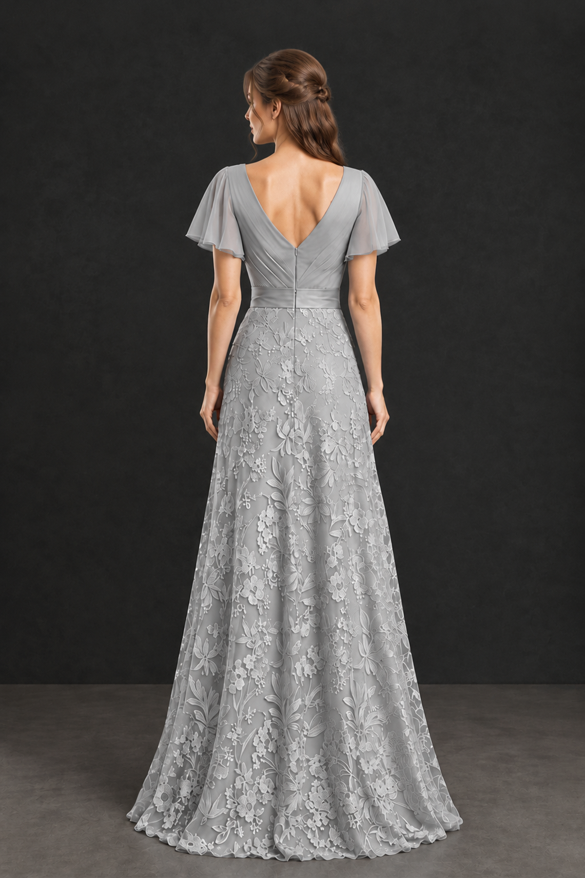 BOLODOO Silver Flutter Sleeve Lace Mother of the Bride Dress - Silver