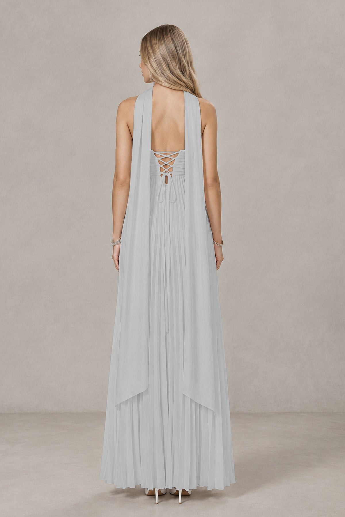 BOLODOO Silver Strapless Chiffon-Look Maxi Dress with Lace-Up Back & Cape - Silver