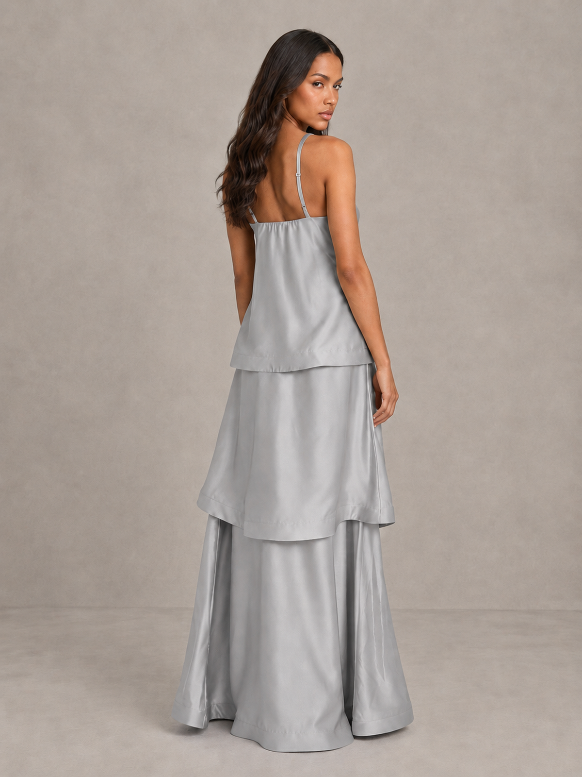 BOLODOO Silver Satin Tiered Maxi Dress with Spaghetti Straps - Silver