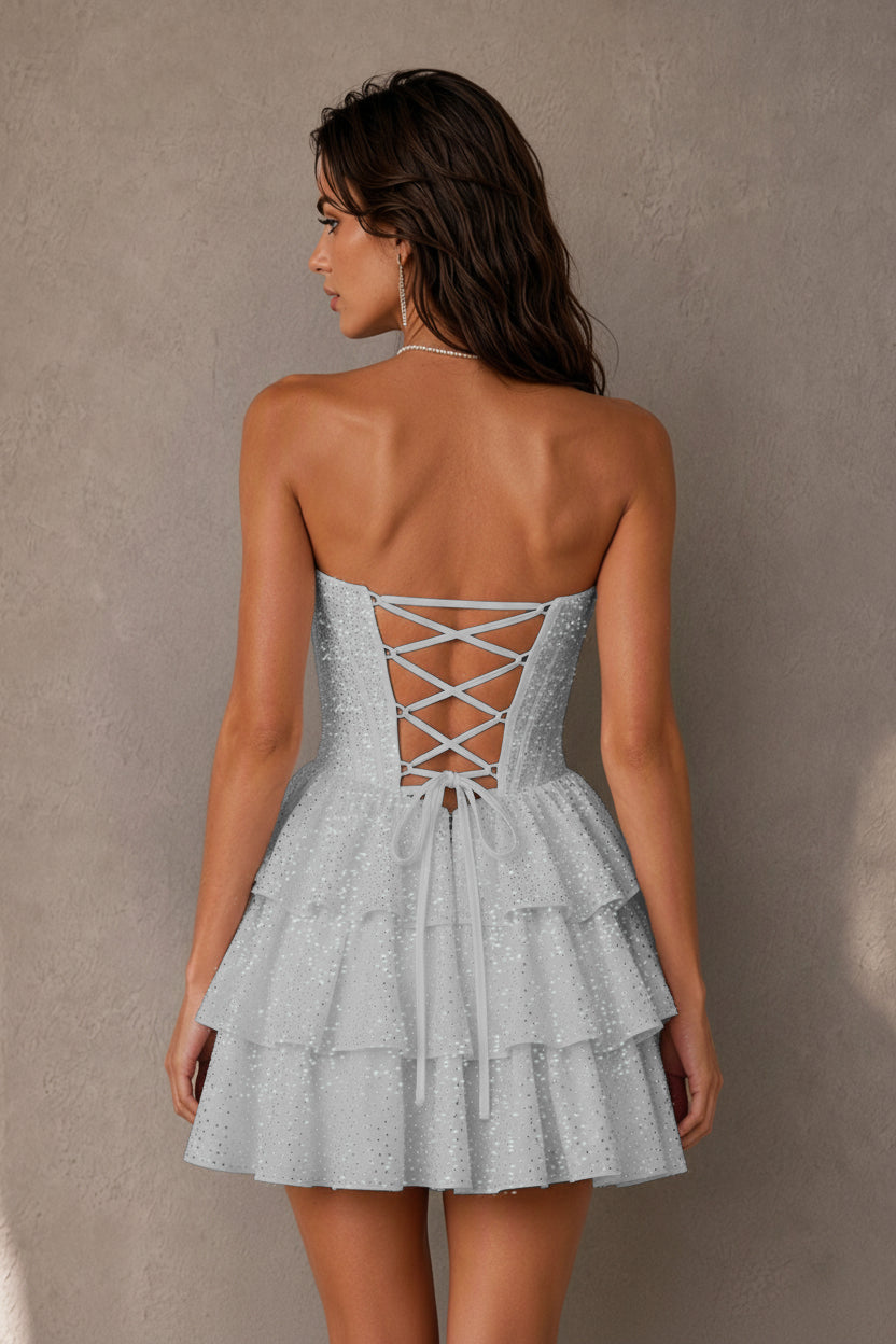 BOLODOO Navy Rhinestone Strapless Corset Tiered Ruffle Lace-Up Back Homecoming Mini Dress - Silver - Silver