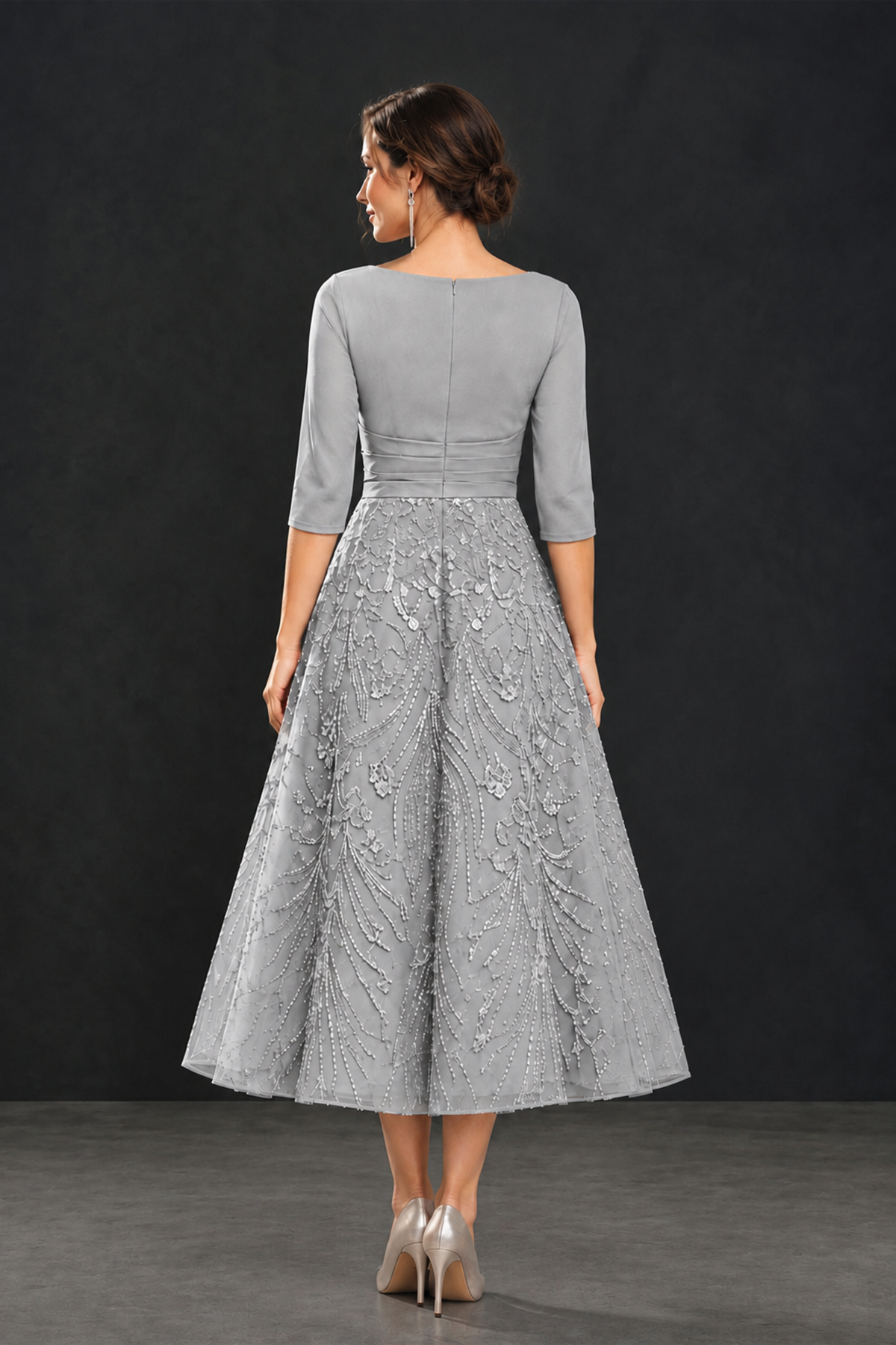 BOLODOO Silver V-Neck Tea-Length Lace Mother of the Bride Dress - Silver