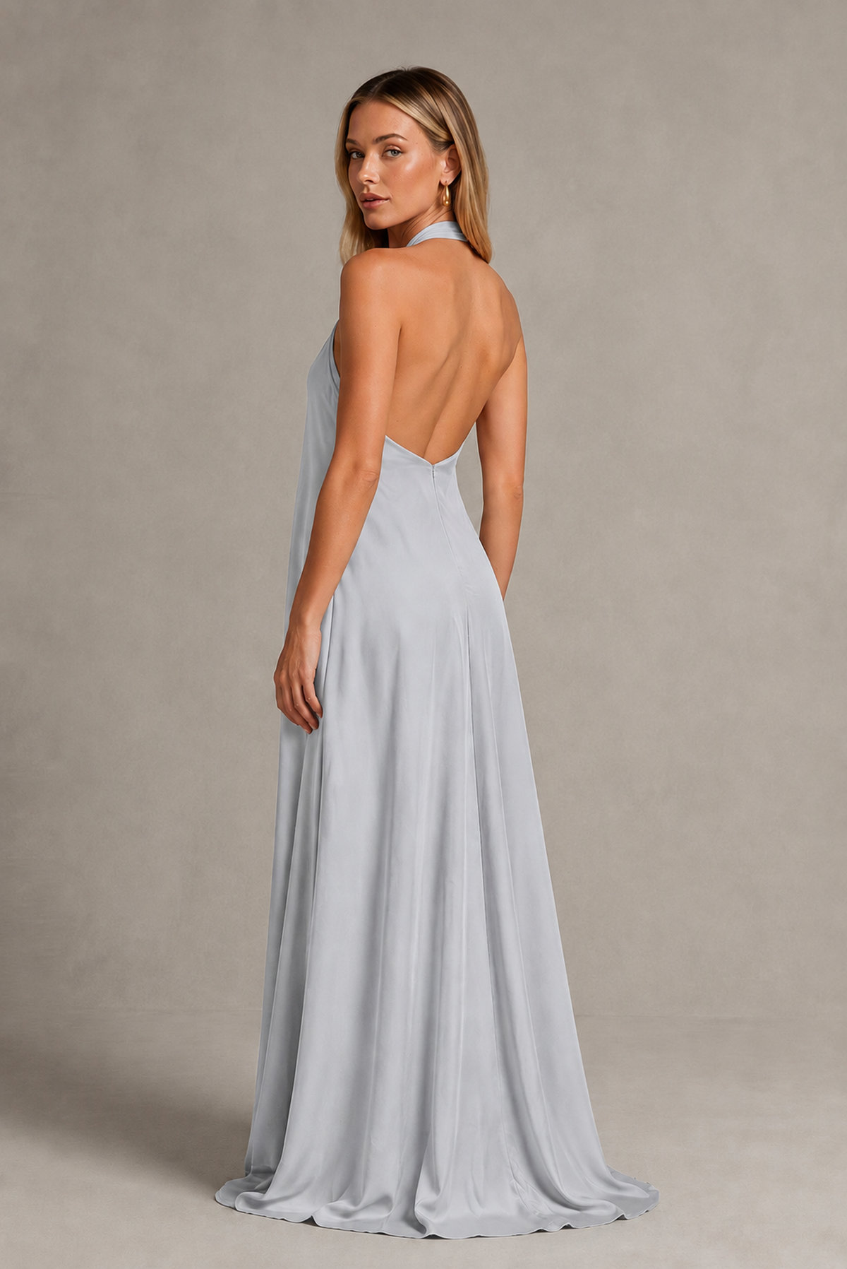 BOLODOO Silver Backless Halter Satin Bridesmaid Dress - Silver