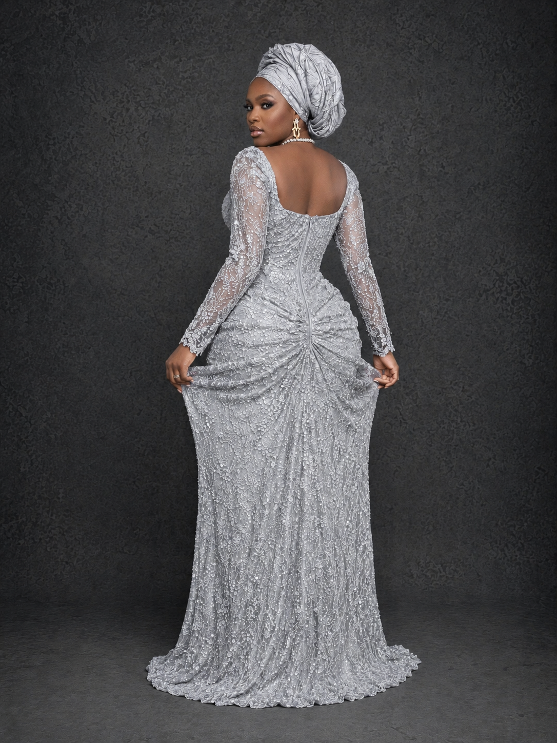 BOLODOO Silver Beaded Lace Long Sleeve Mermaid Gown Sweetheart | Mother of the Bride - Silver