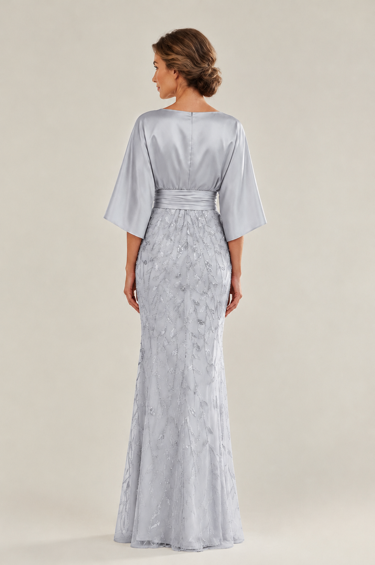 BOLODOO Silver Mother of the Bride Dress with Kimono Sleeves, Satin Bodice & Sequin Embroidered Mermaid Floor-Length Gown - Silver - Silver (2)