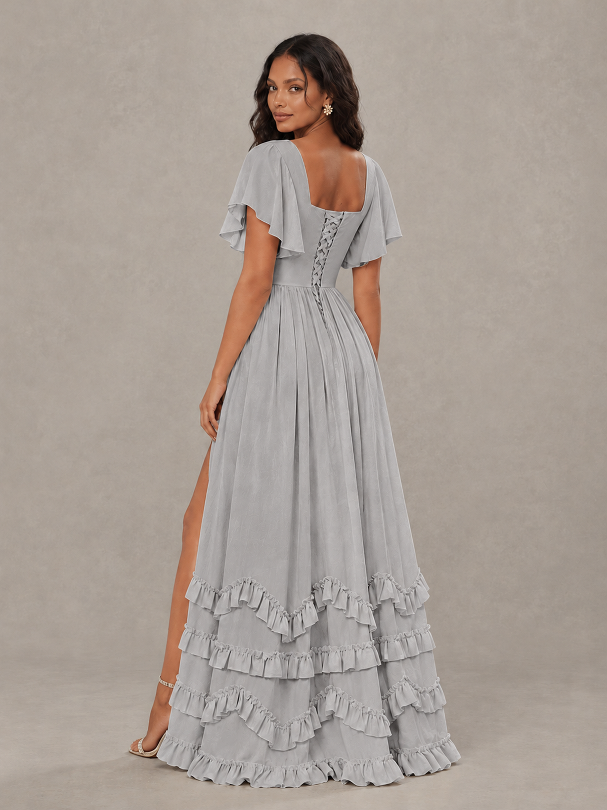 BOLODOO Silver V-Neck Flutter Sleeve Ruffle Bridesmaid Dress with Slit - Silver - Silver (2)