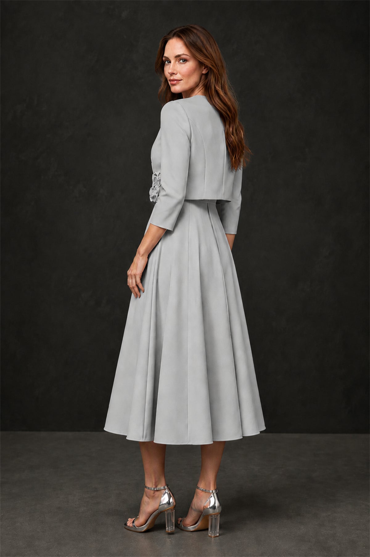 BOLODOO Silver 3D Rosette Appliqué 3/4 Sleeve Jacket & V-Notch Sleeveless A-Line Tea-Length Two-Piece Dress Set - Silver