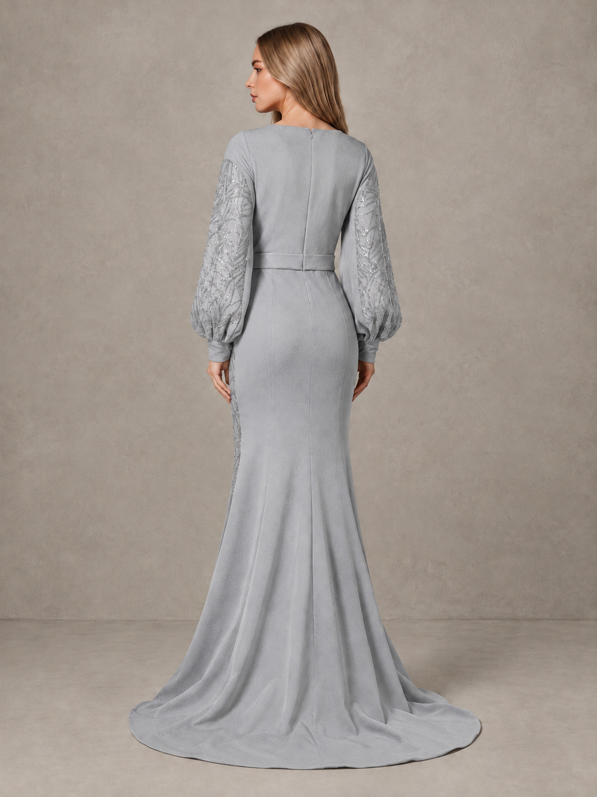 BOLODOO Silver Sequin Long Bishop Sleeve Mermaid Evening Dress - Silver - Silver (2)