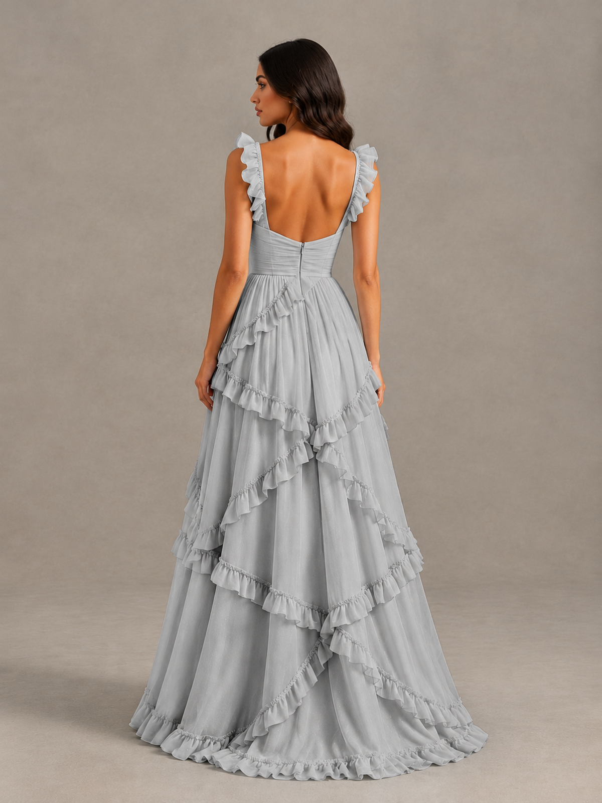 BOLODOO Silver Ruffle A-Line Prom Dress with Open Back - Silver - Silver (2)