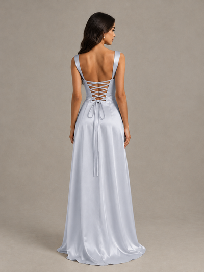 BOLODOO Silver Satin Lace-Up Bridesmaid Dress with Slit - Silver - Silver (2)