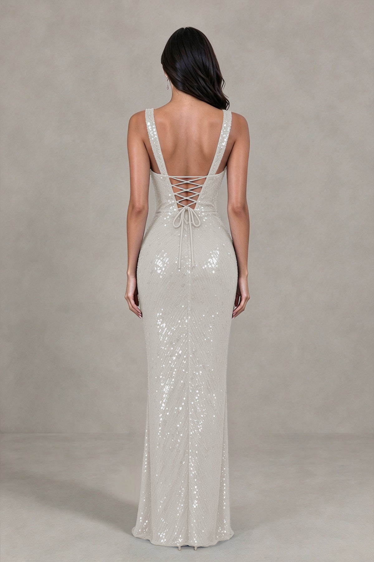 BOLODOO Silver Sequin Deep V-Neck Lace-Up Back High-Slit Evening Dress - Silver - Silver (2)