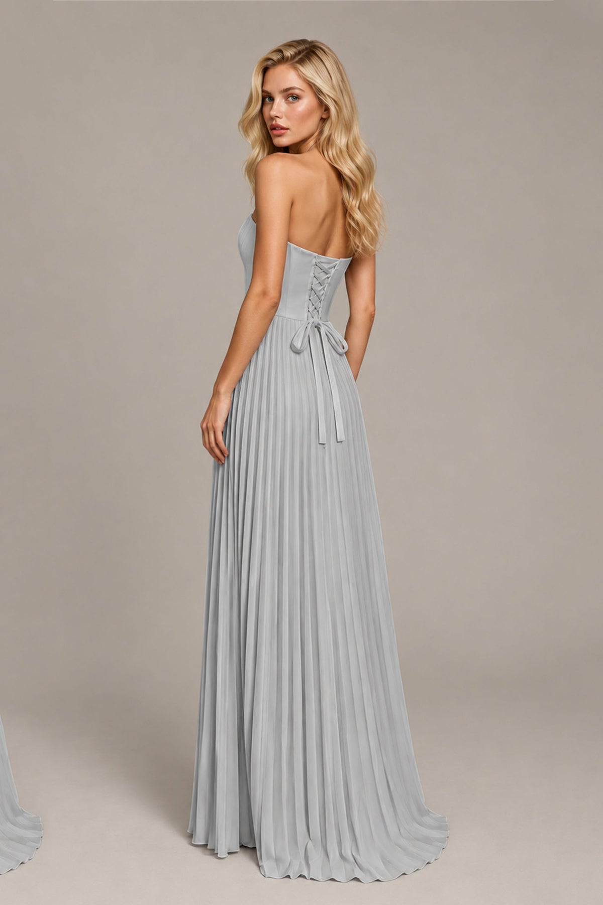 BOLODOO Silver Strapless Sunburst Pleated Twisted Knot Lace-Up Back Accordion Pleated Chiffon Maxi Dress - Silver