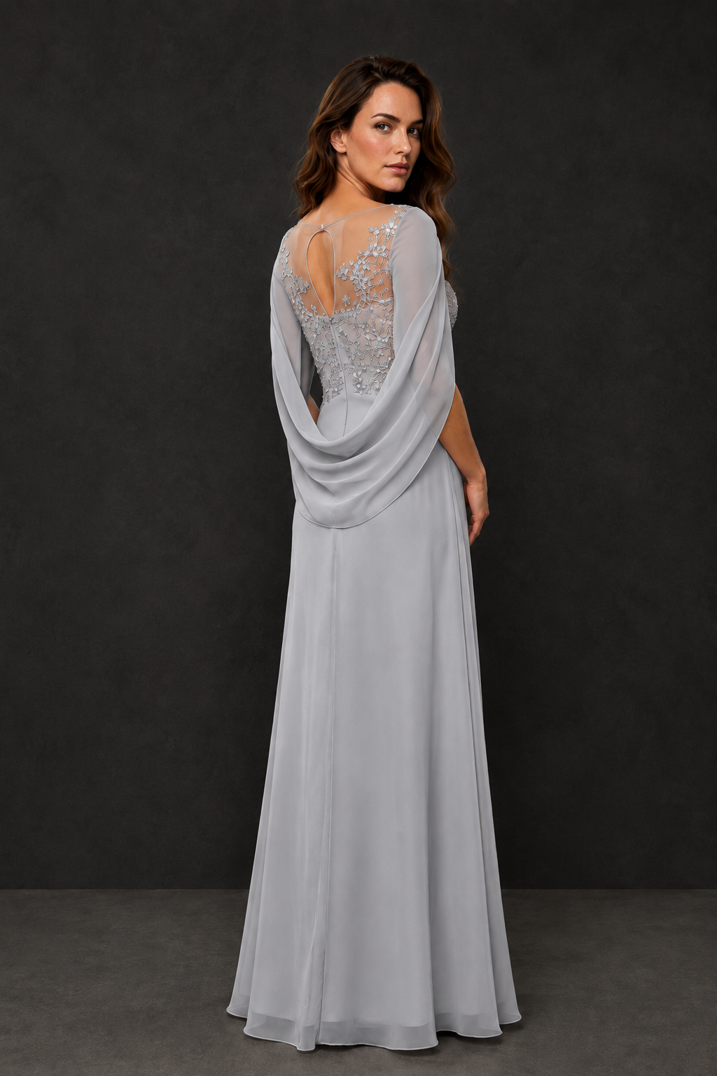 BOLODOO Silver Illusion Lace One-Side Cape Sleeve Beaded Chiffon Floor Length Gown | Mother of the Bride Evening Dress - Silver