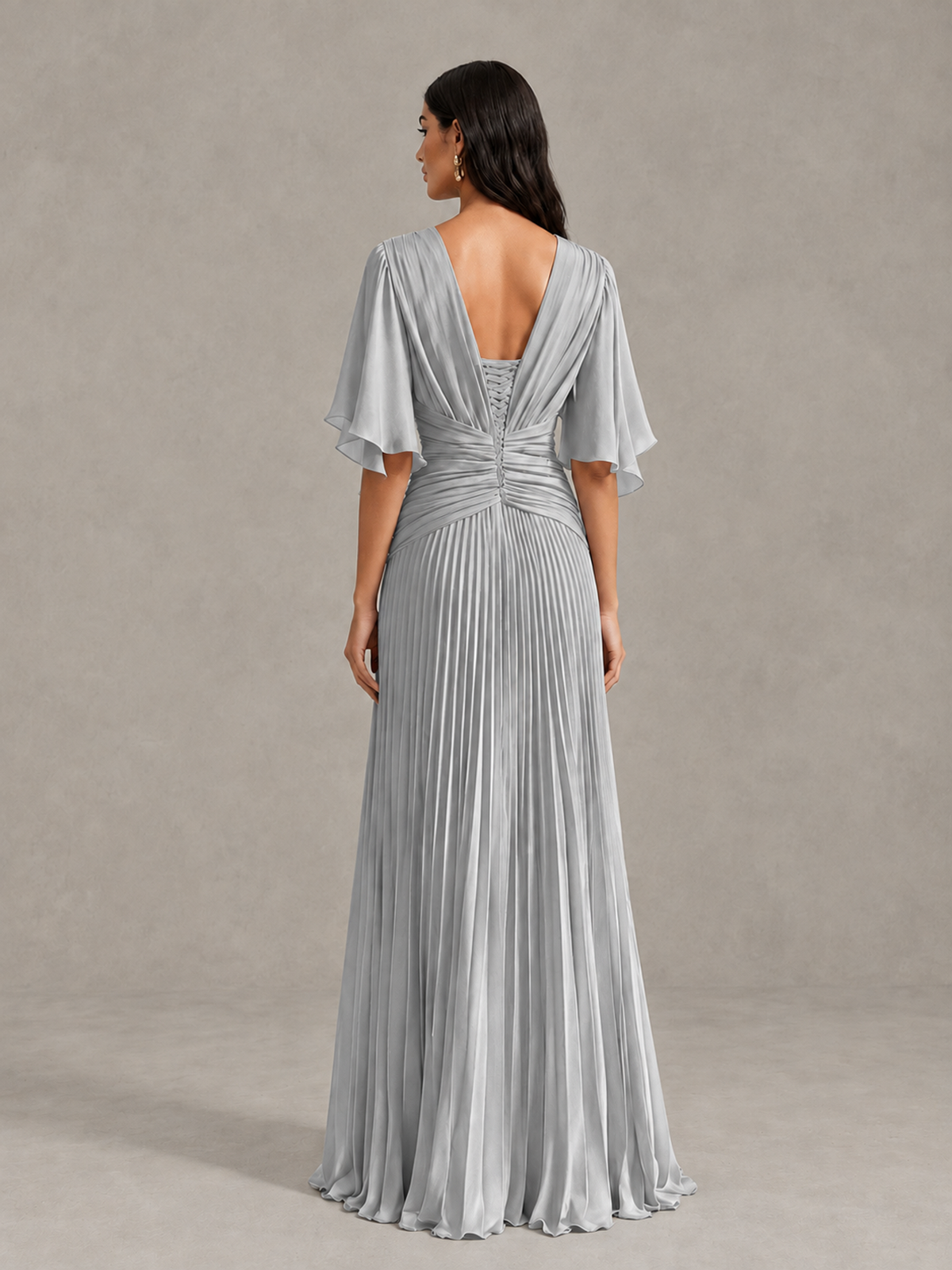 BOLODOO Silver Pleated V-Neck Flutter Sleeve Bridesmaid Dress - Silver - Silver (2)