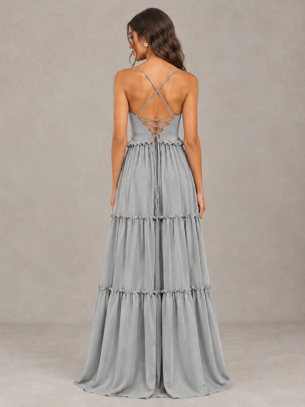 BOLODOO Silver Tiered V-Neck Lace-Up Back Bridesmaid Dress - Silver - Silver (2)