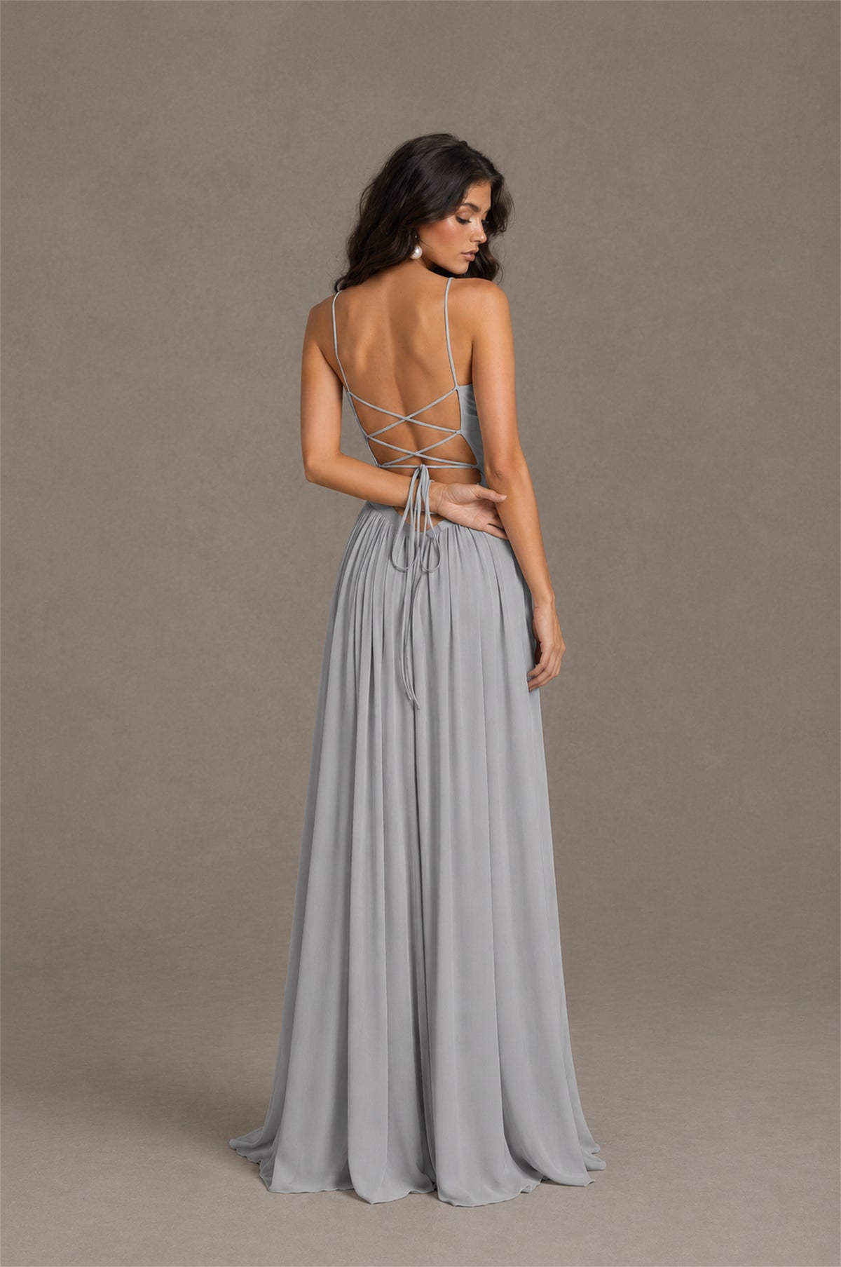 BOLODOO Silver Spaghetti Strap Square Neck Ruched Chiffon Maxi Dress with Lace-Up Back - Silver