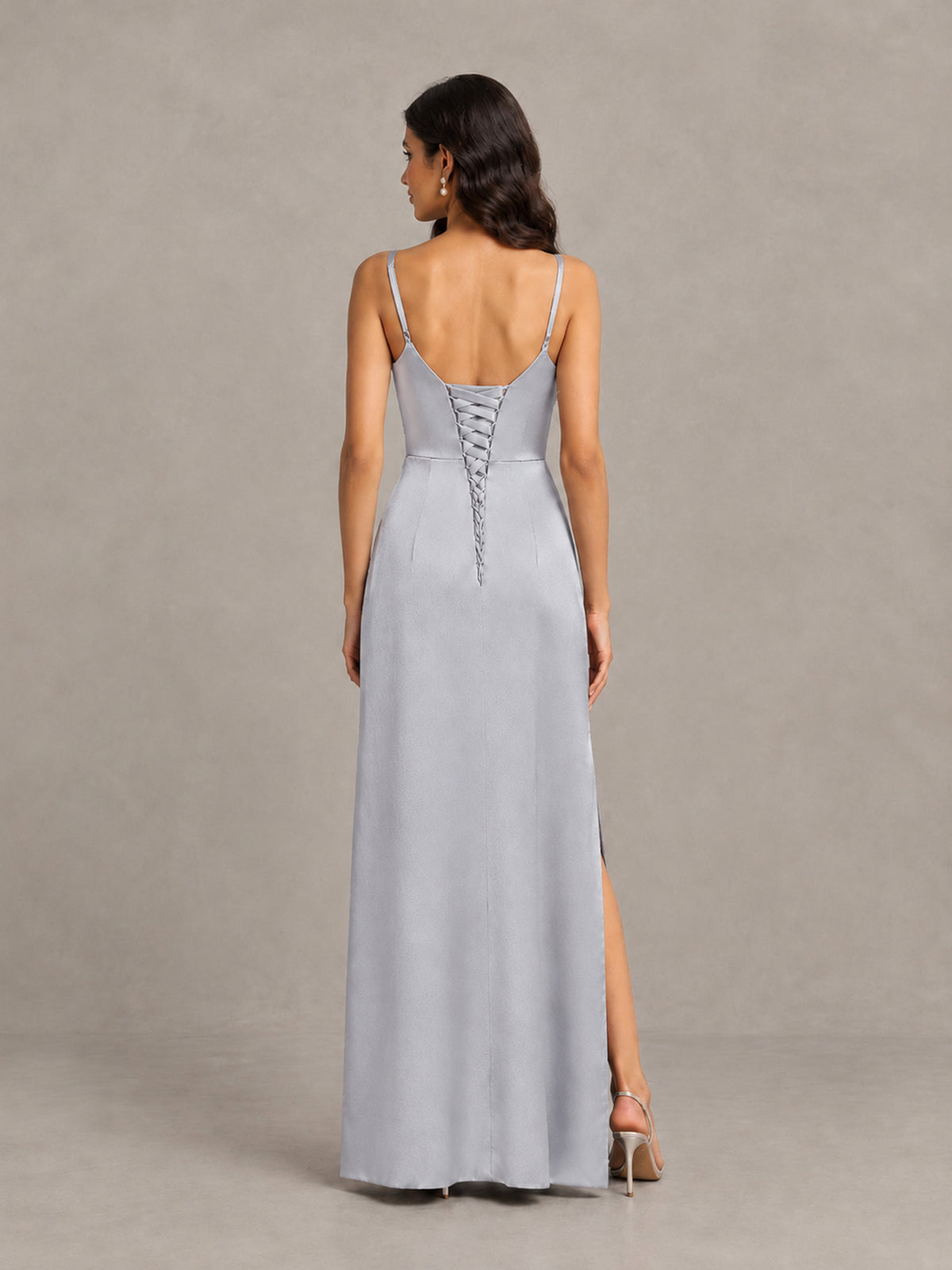 BOLODOO Silver Cowl Neck Satin Bridesmaid Dress with Slit - Silver - Silver (2)