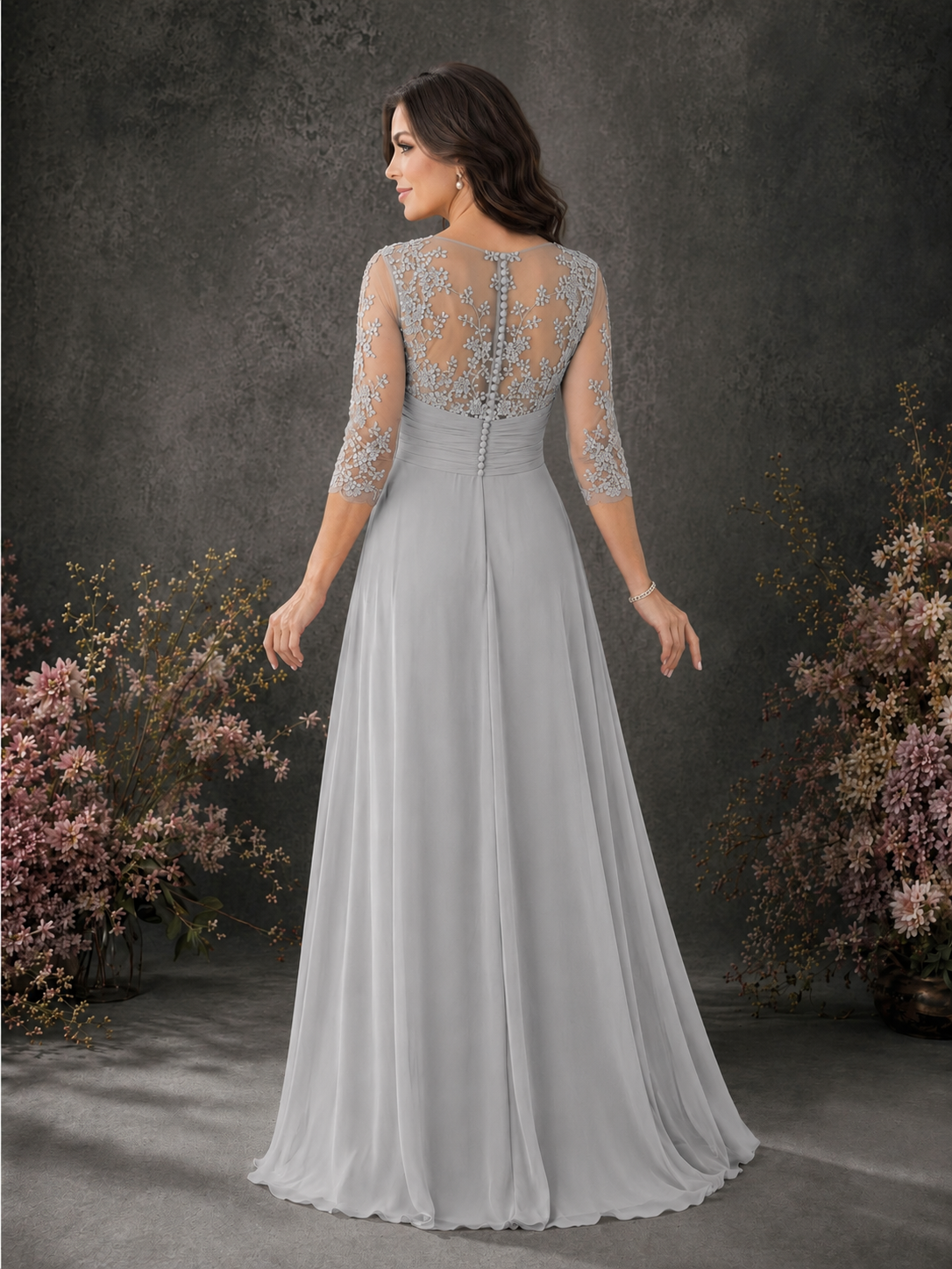 BOLODOO Silver Chiffon Lace Illusion Neckline 3/4 Sleeve Floor Length Formal Gown - Silver