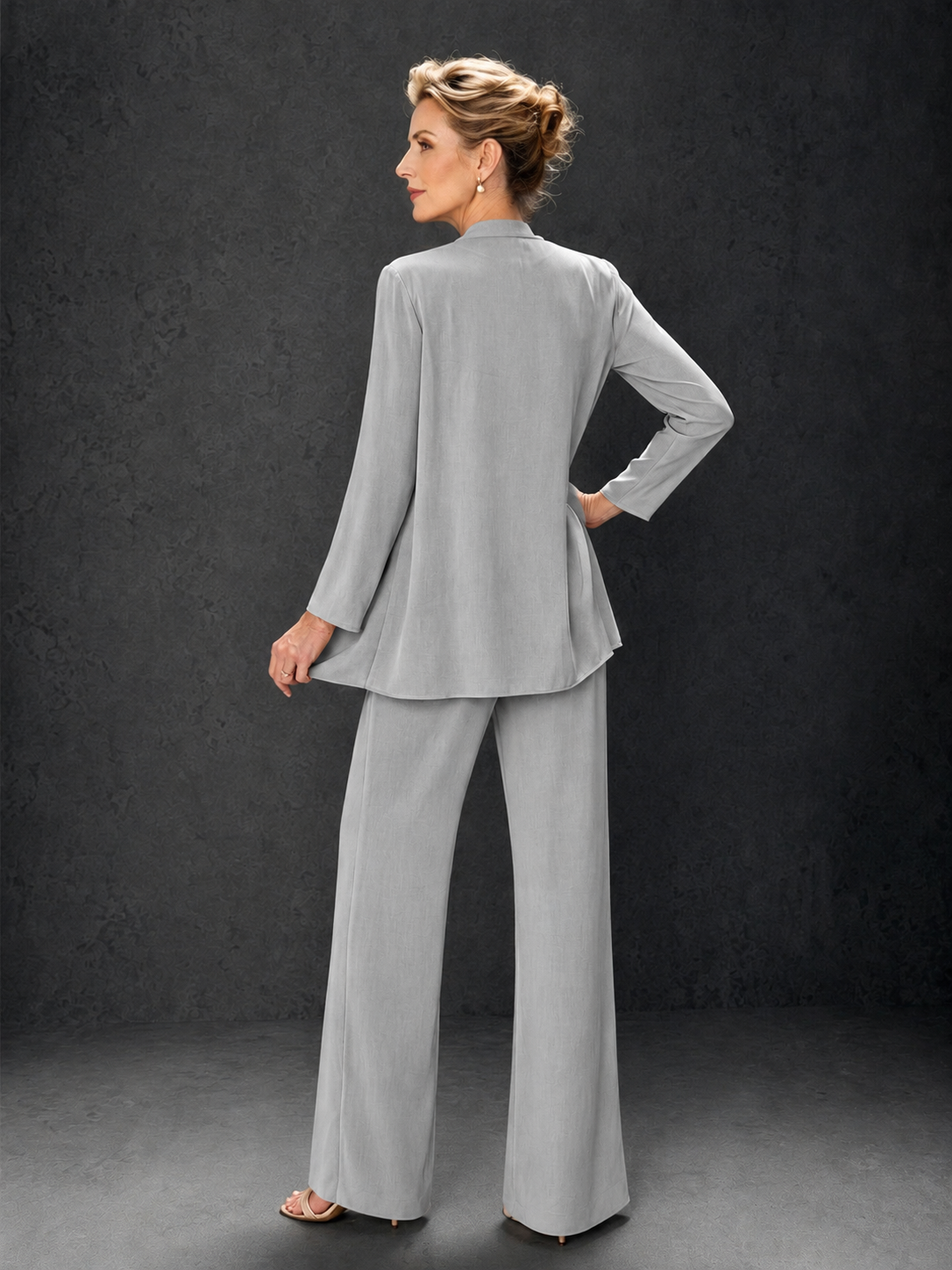 BOLODOO Silver 3-Piece Mother of the Bride Pant Suit with Beaded Top & Chiffon Jacket - Silver