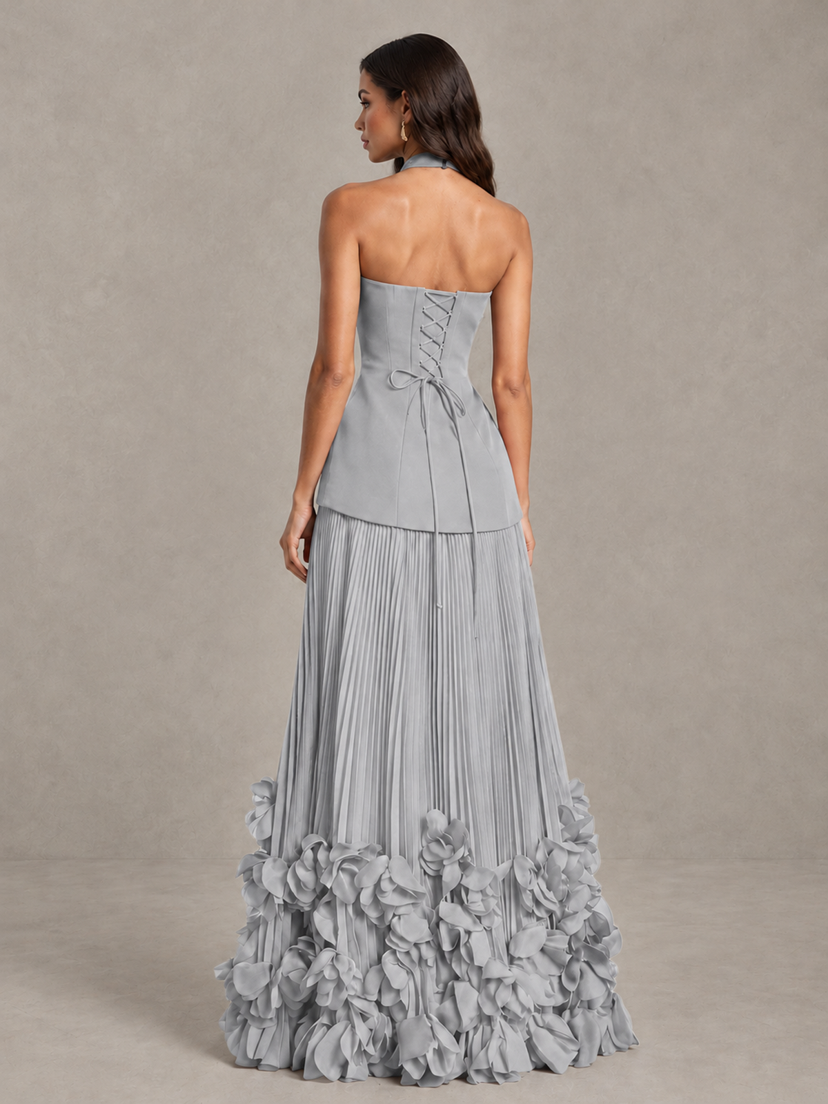 BOLODOO Silver Halter Neck Floor-Length Evening Gown with High Slit & 3D Floral Hem - Silver - Silver (2)