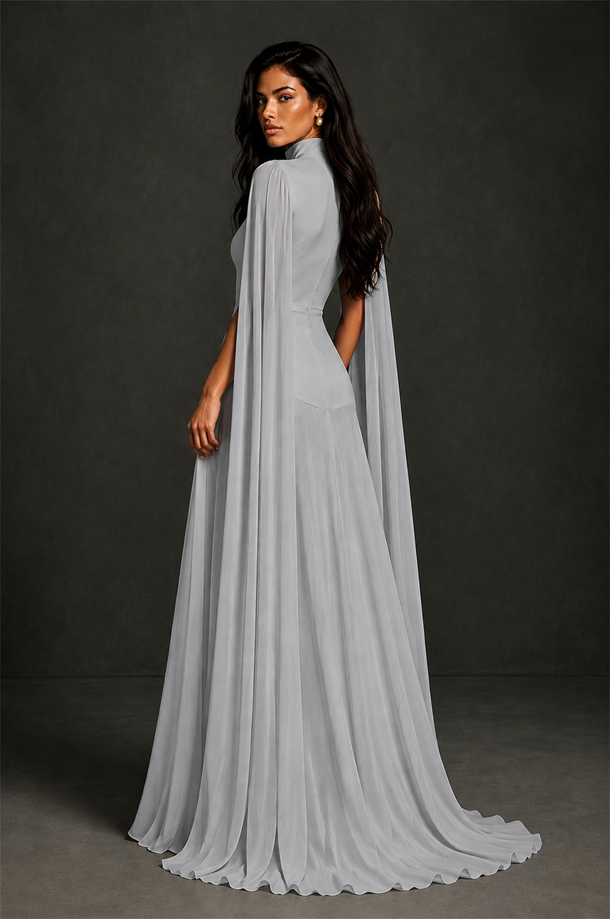 BOLODOO Silver Mock Neck Cape Sleeve A-Line Chiffon Maxi Dress - Silver - Silver (2)