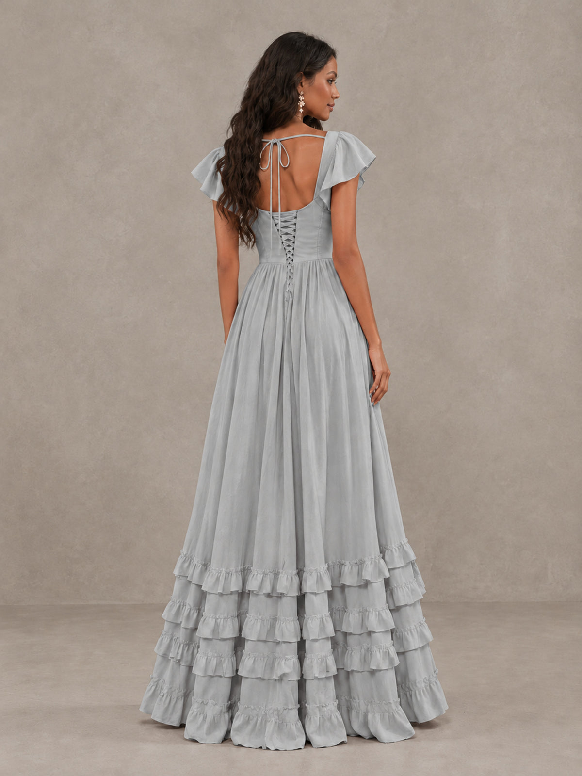 BOLODOO Silver Flutter Sleeve Ruffle Bridesmaid Dress with Slit - Silver - Silver (2)