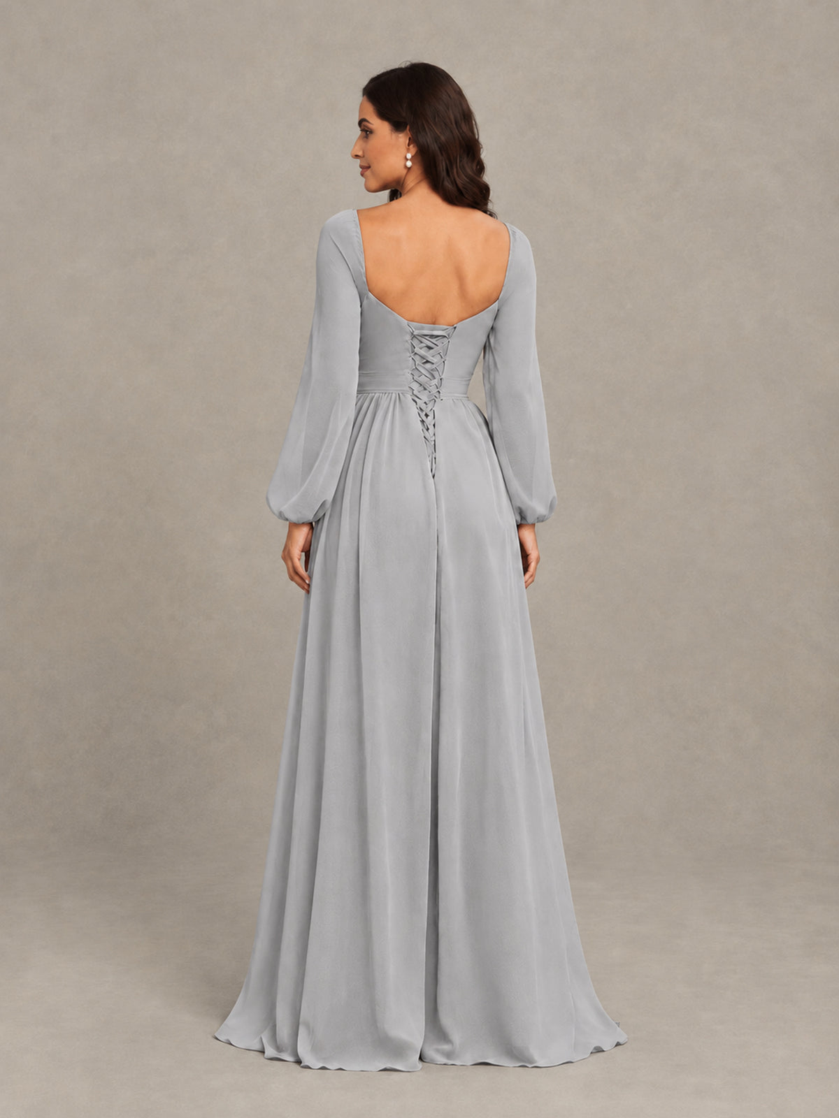 BOLODOO Silver Long Sleeve Chiffon Bridesmaid Dress with Slit - Silver - Silver (2)