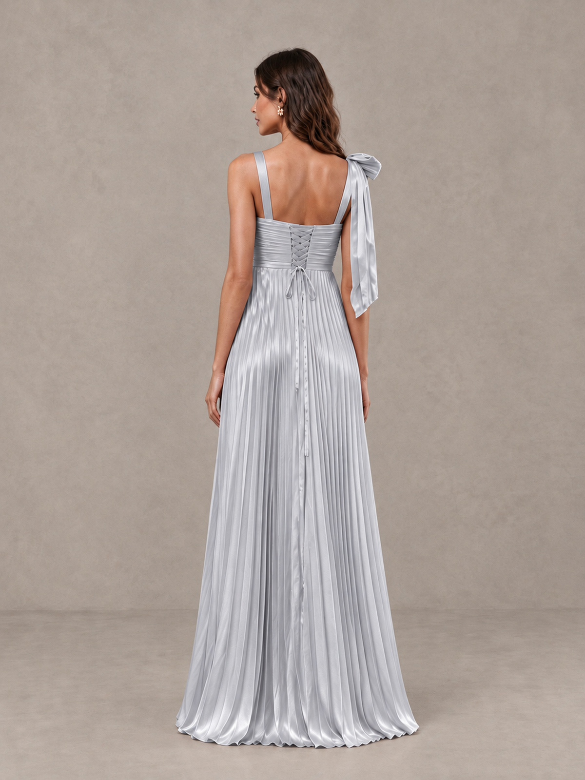 BOLODOO Silver Pleated Bow-Strap Bridesmaid Maxi Dress - Silver - Silver (2)