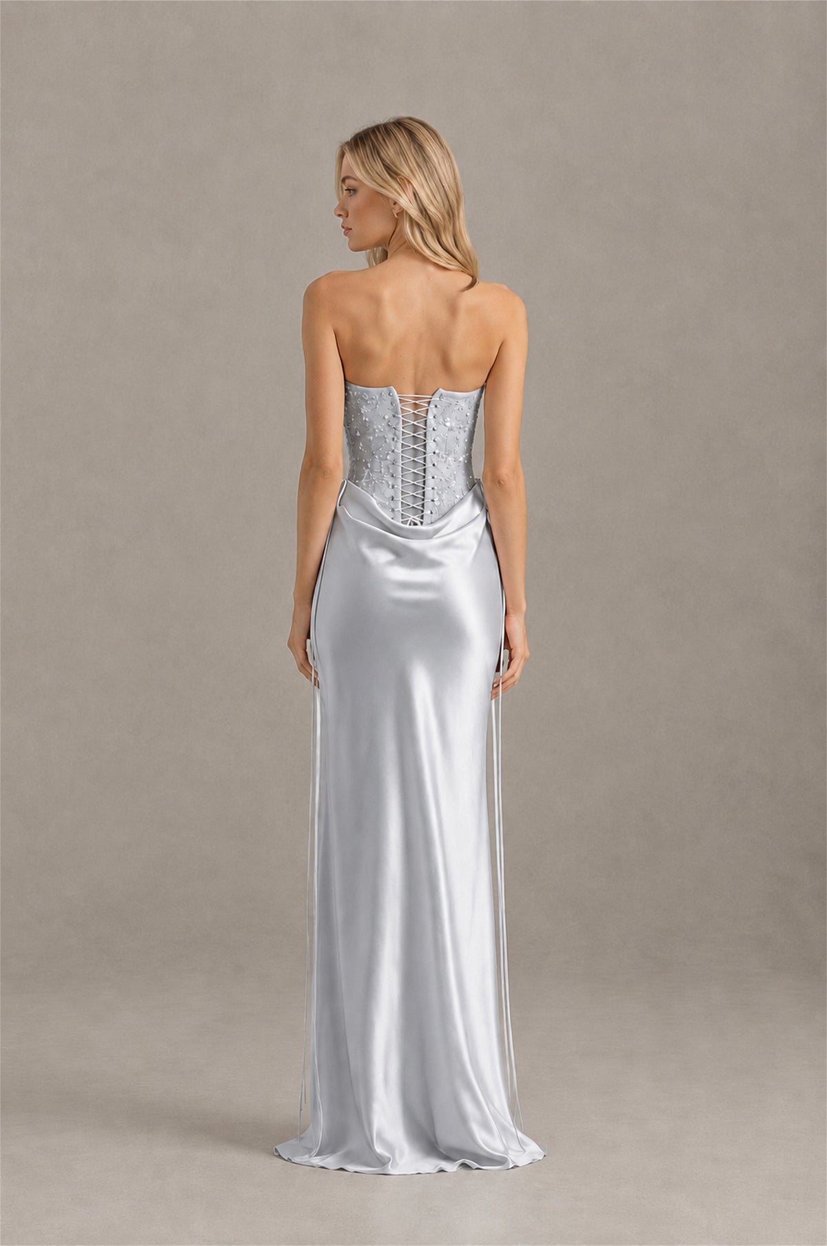 BOLODOO Silver Strapless Embellished Corset Satin-Look Maxi Dress - Silver