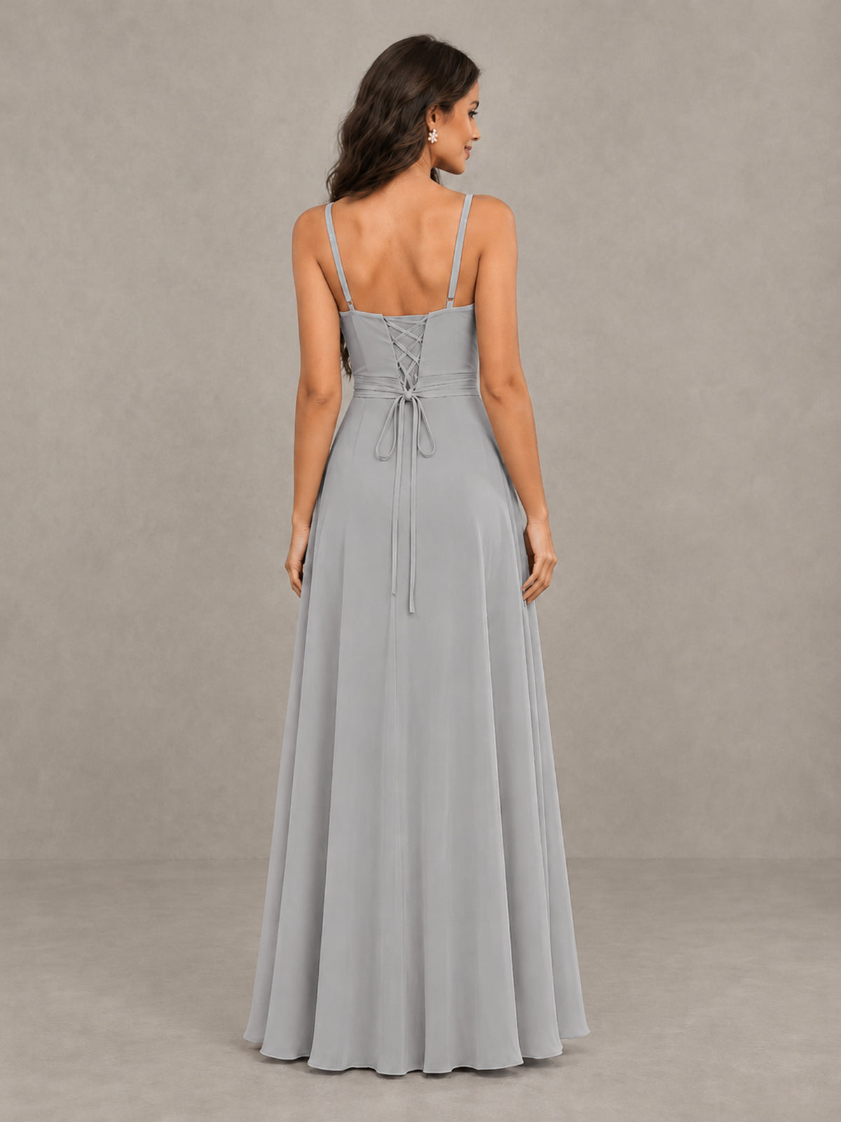BOLODOO Silver Spaghetti Strap Ruffle Bridesmaid Dress with Slit - Silver - Silver (2)