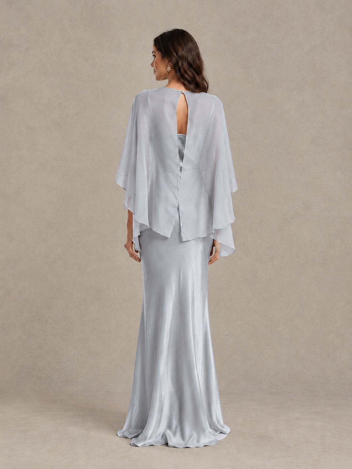 BOLODOO Silver Satin Mermaid Bridesmaid Dress with Chiffon Cape - Silver - Silver (2)