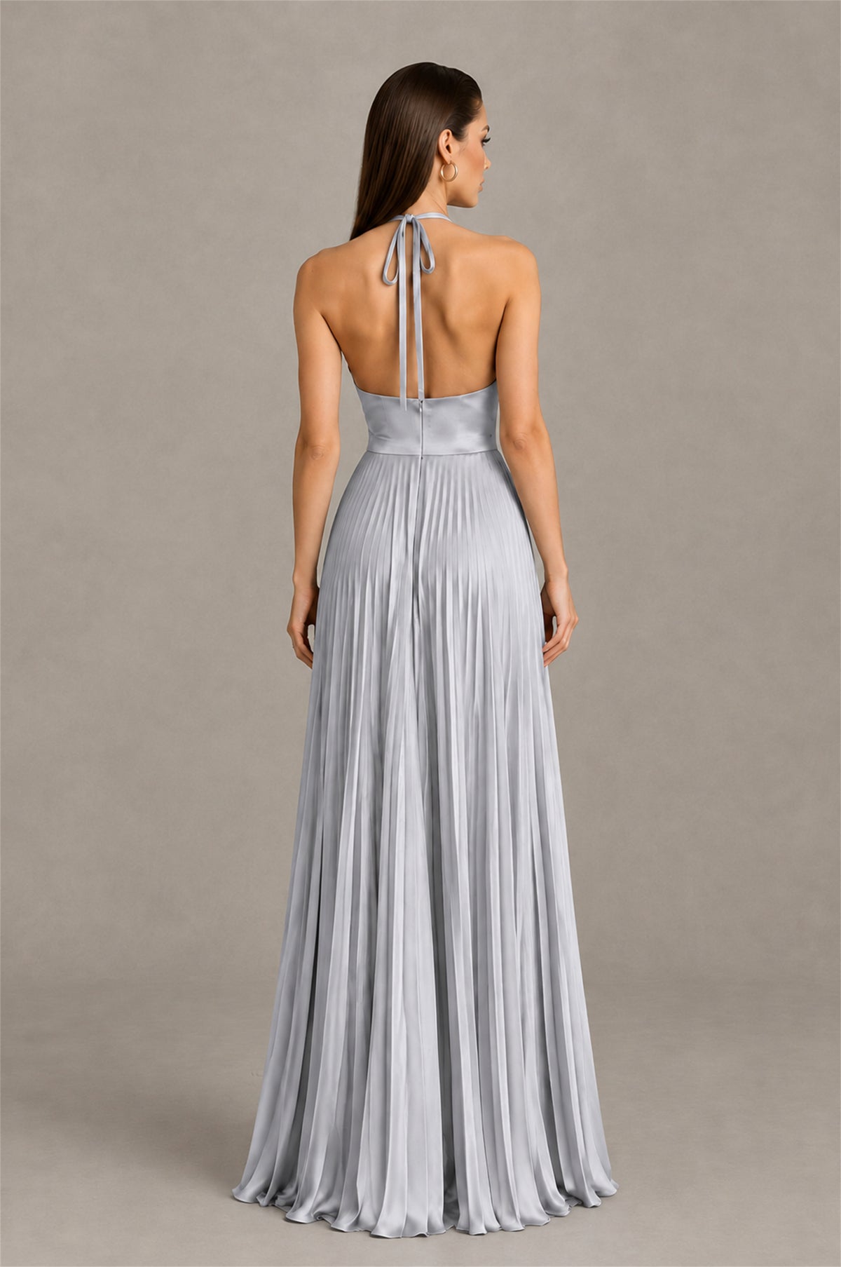 BOLODOO Silver Halter Pleated A-Line Evening Dress - Silver - Silver (2)