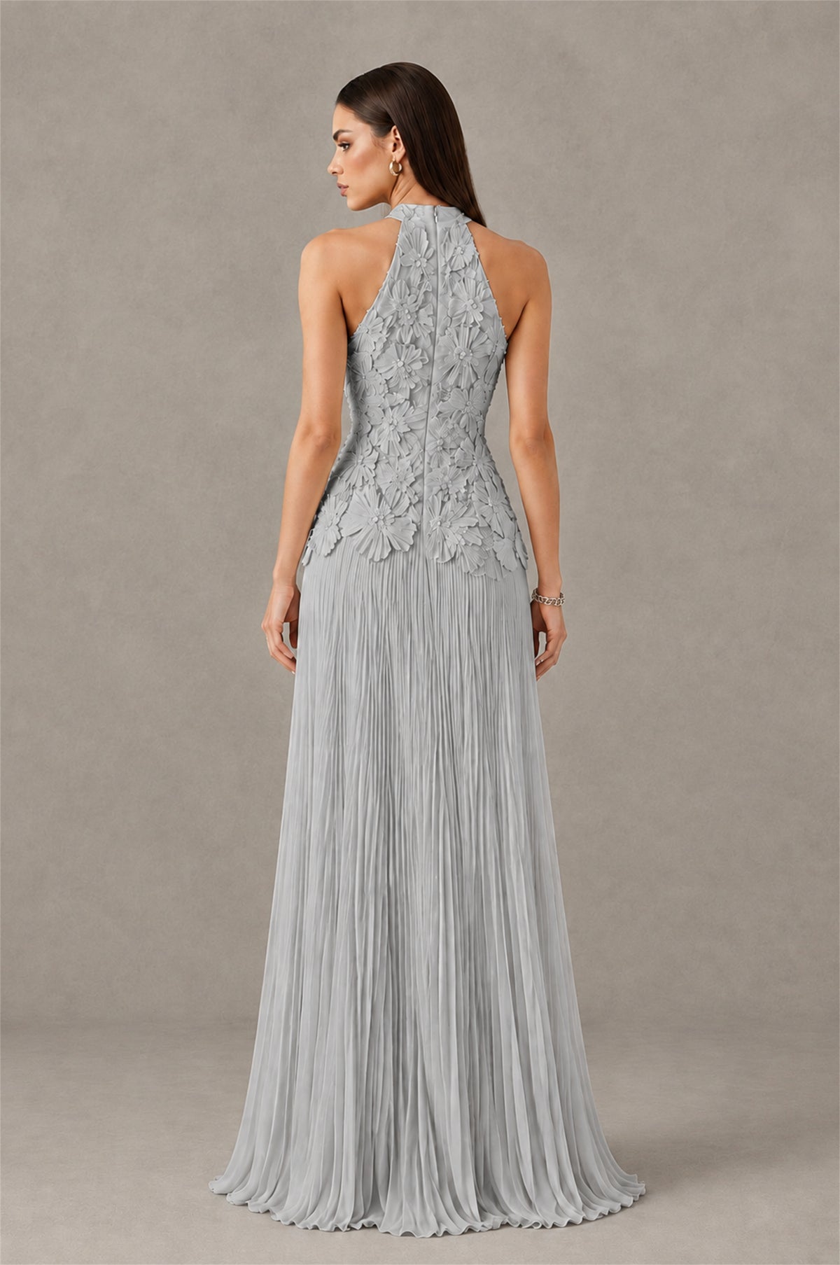 BOLODOO Silver 3D Floral Applique Halter Neck Open Back Pleated Maxi Dress - Silver
