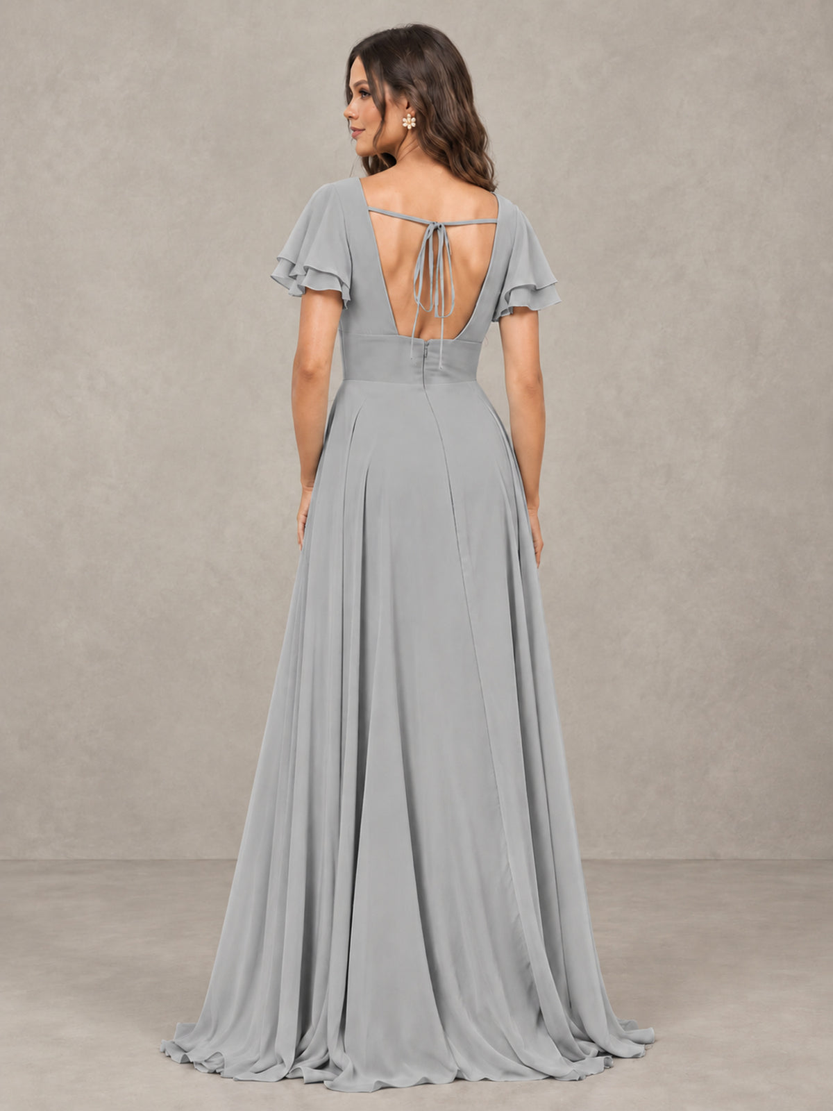 BOLODOO Silver Flutter Sleeve Chiffon A-Line Maxi Bridesmaid Dress with Open Back & Slit - Silver - Silver (2)