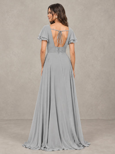 BOLODOO Silver Flutter Sleeve Chiffon A-Line Maxi Bridesmaid Dress with Open Back & Slit - Silver - Silver (2)