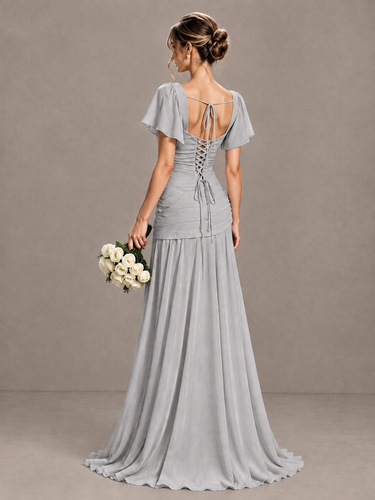 BOLODOO Silver Flutter Sleeve Lace-Up Back Maxi Dress - Silver - Silver (2)