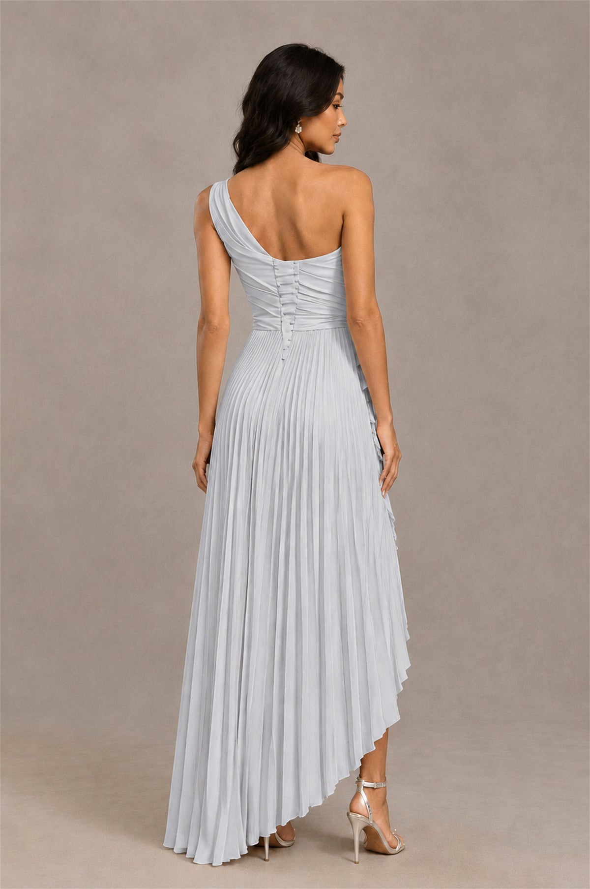 BOLODOO Silver One-Shoulder High-Low Ruffle Maxi Dress - Silver