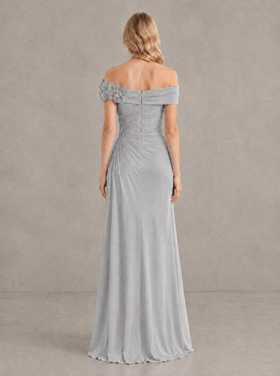 BOLODOO Silver Off-Shoulder Floral Applique Wedding Guest Maxi Dress - Silver - Silver (2)