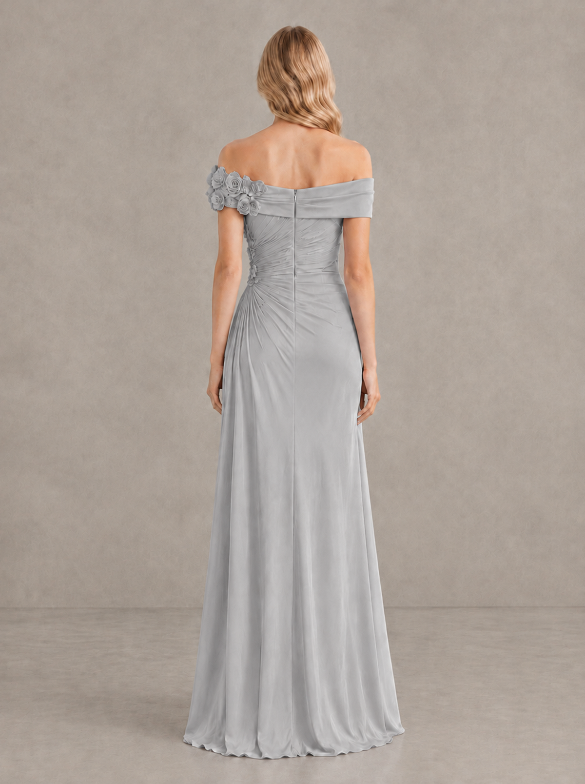 BOLODOO Silver Off-Shoulder Floral Applique Wedding Guest Maxi Dress - Silver - Silver (2)